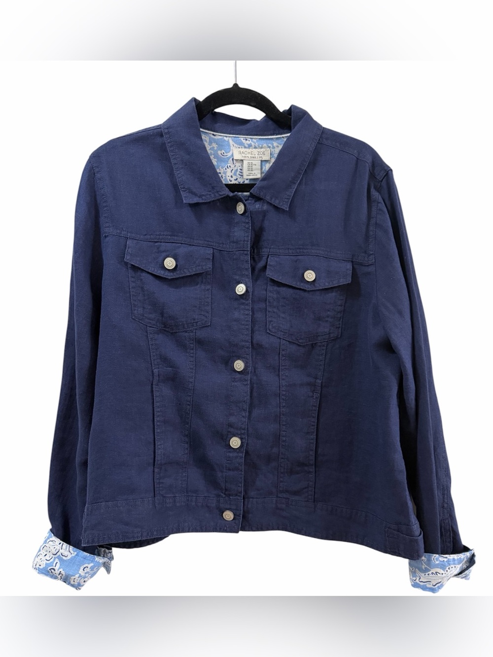 Rachel Zoe 100% Linen Utility Jacket Navy Blue XL Paisley Cuffs NWOT